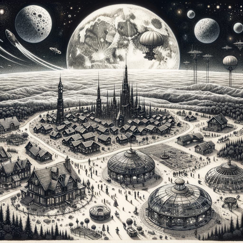 Awe-Inspiring Steampunk Village on the Moon