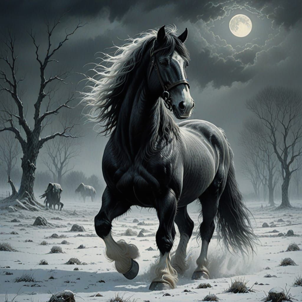 Eerie Dystopian Gypsy Vanner in Snowy Meadow