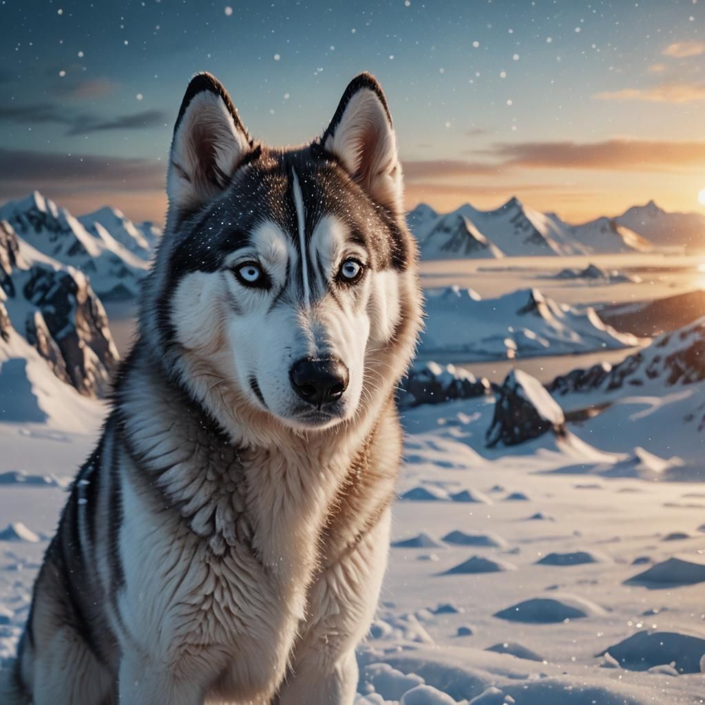 Husky in Antarctic Snow at Sunset