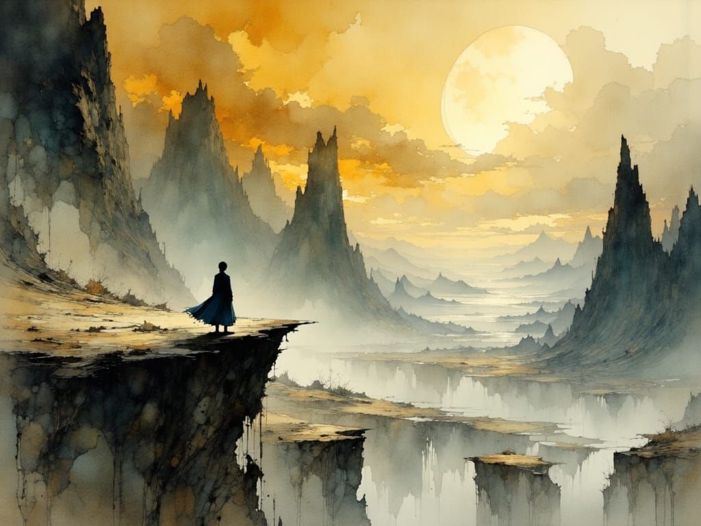 Ominous Figure at World's End in Watercolor