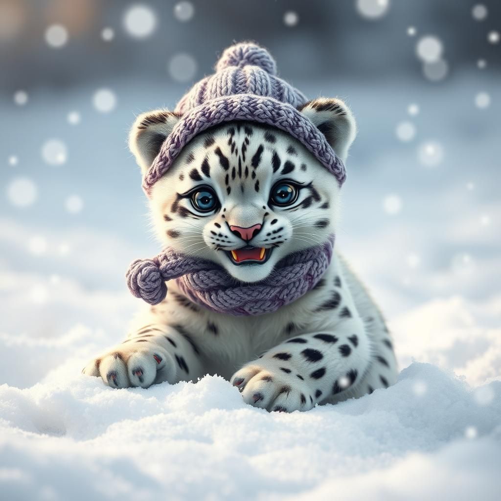 Joyful Snow Leopard Cub in Winter Wonderland