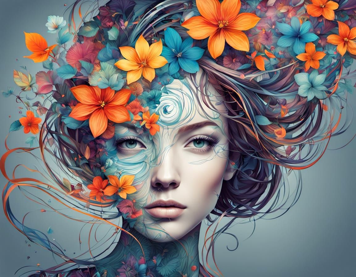 Abstract Woman Portrait with Flowering Branches in Vibrant M...