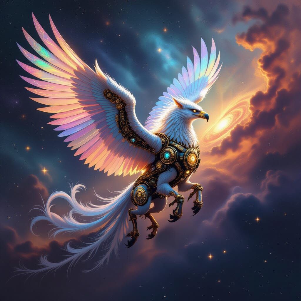 Gryphon Soars Through Cosmic Nebula in Steampunk Style