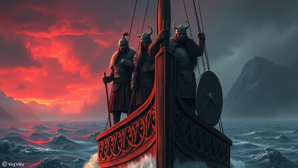 Viking Warriors in Ornate Armor Sail Fjords Under Crimson St...