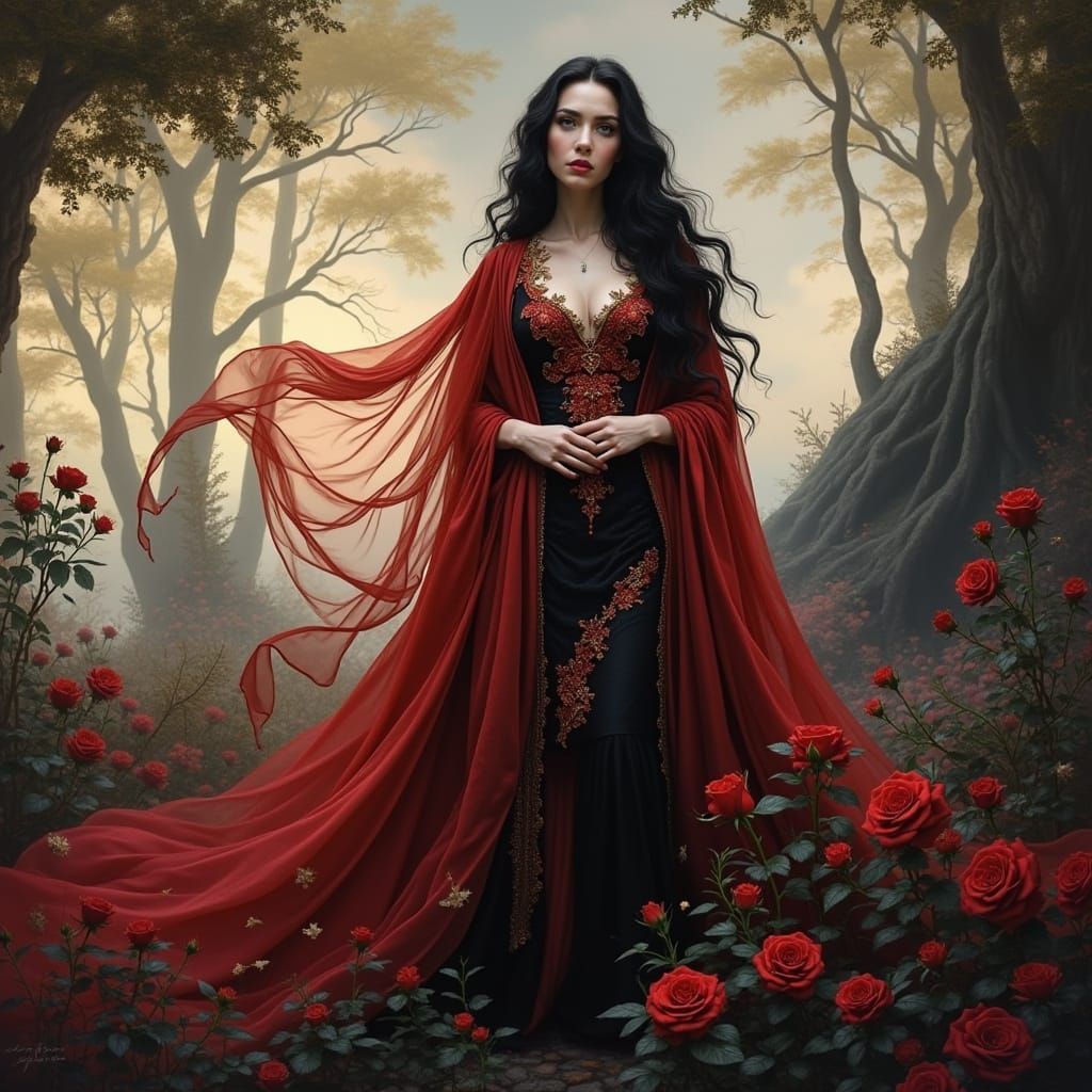 Ethereal Woman in Crimson Silk Gown amidst Lush Mystical Gar...