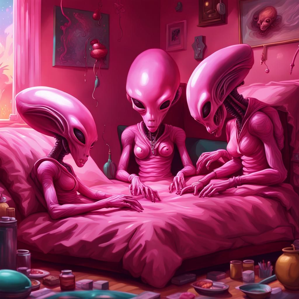 Hyperrealistic Pink Aliens Slumber Party Concept Art