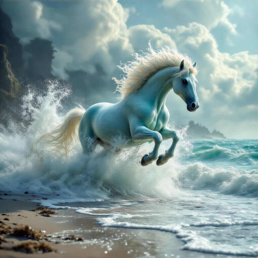 Whimsical Seafoam Horse Leaps Ashore