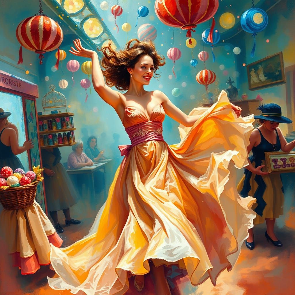 Vivacious Woman Dances with Whimsical Candy in Impressionist...
