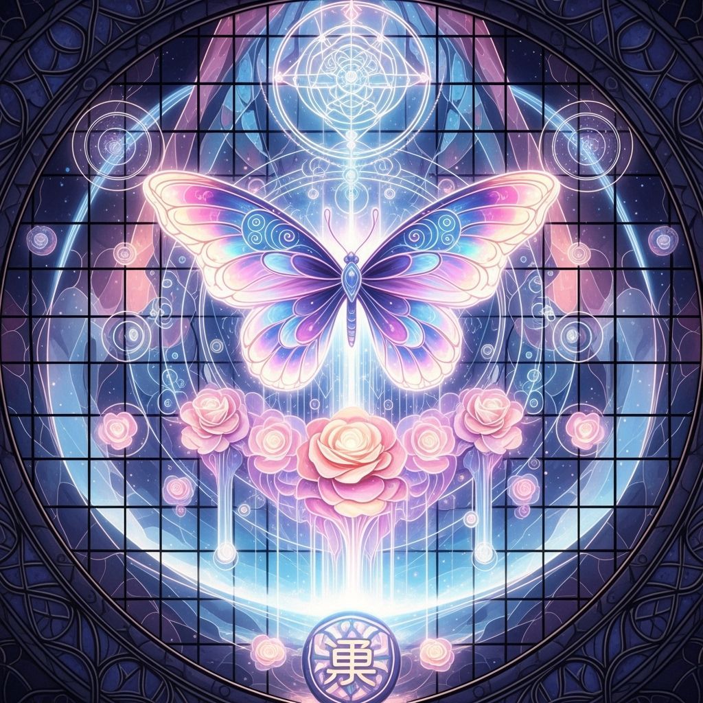 Luminous Butterfly Over Glowing Roses in Stained Glass Artwo...