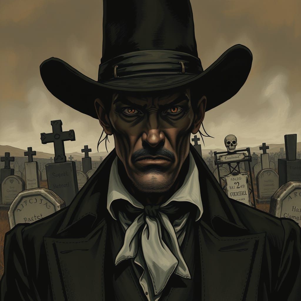 Ominous Undertaker in Wild West Graveyard, Comic Noir Style
