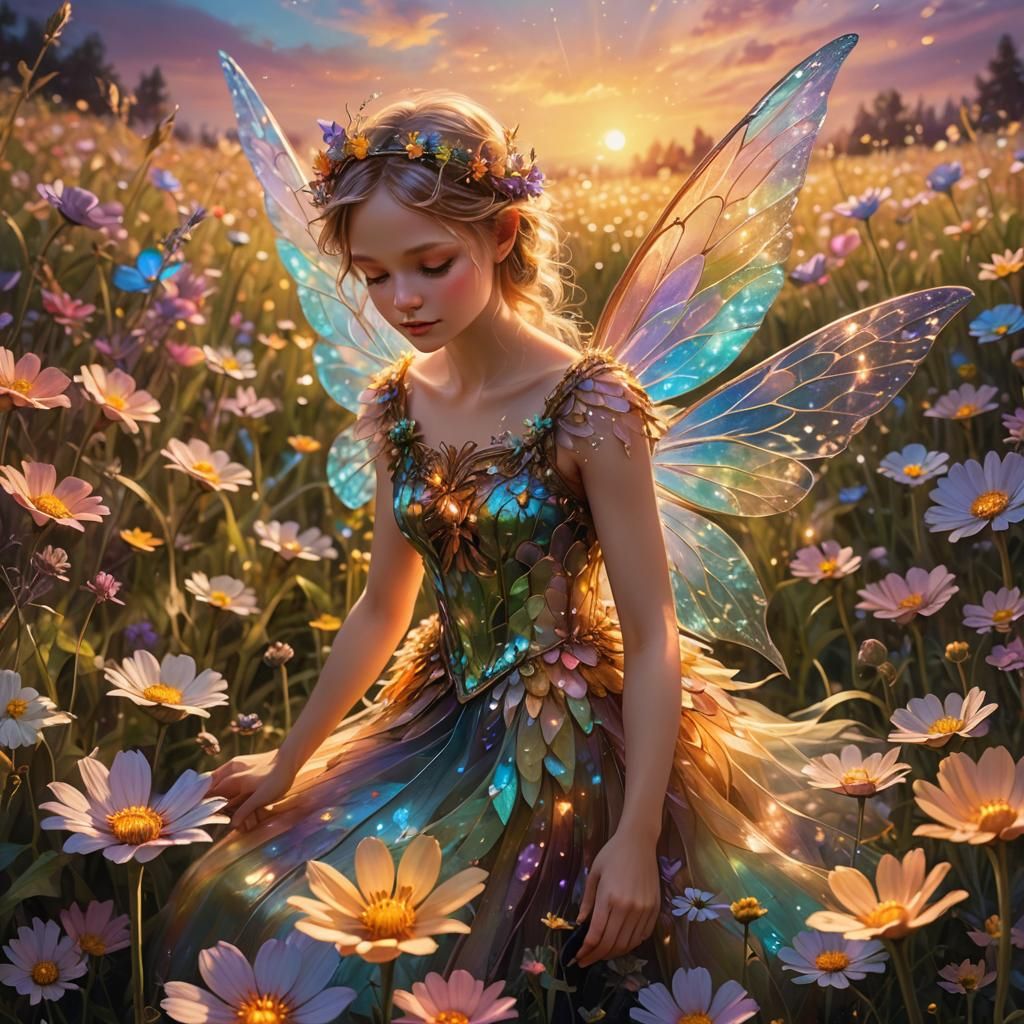 Whimsical Fairy Amidst Glowing Flowers in Sunset Glory