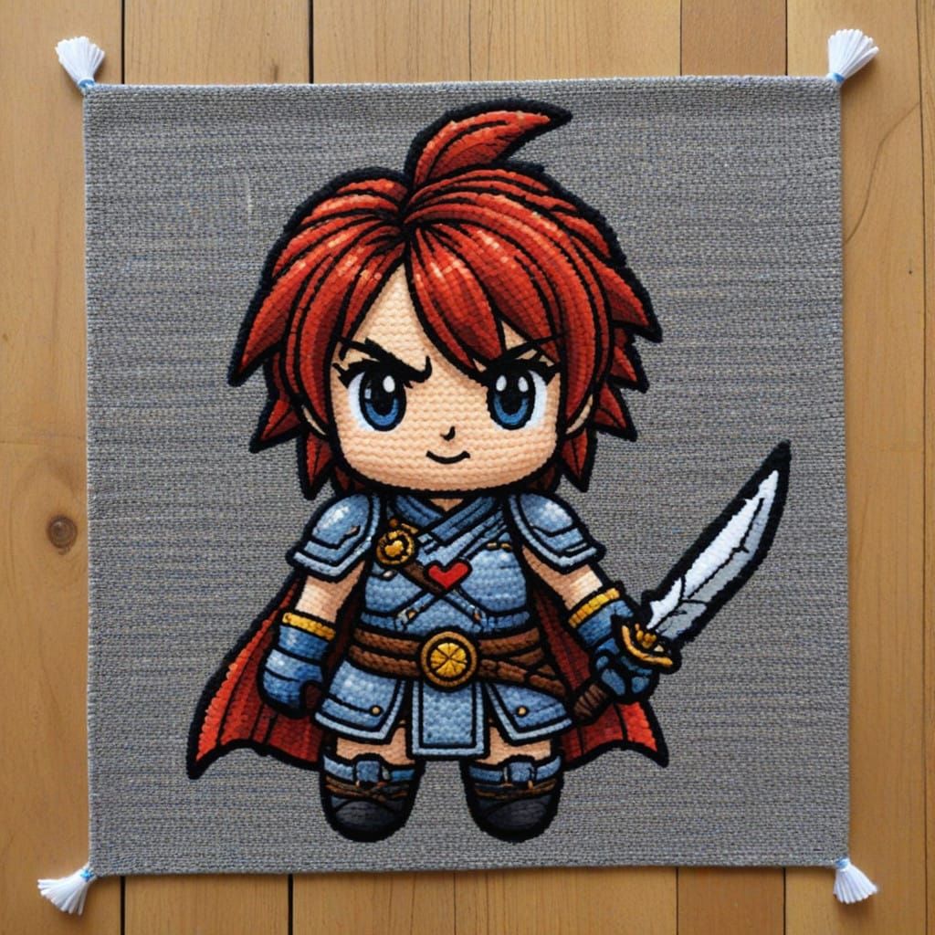 Anime Warrior Embroidered in Intricate Needlepoint Stitch Ar...