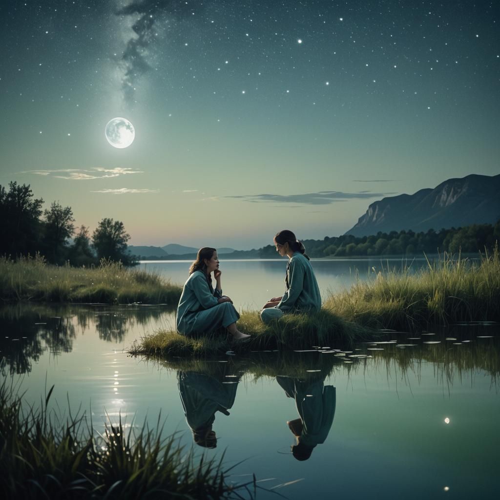 Woman Gazing at Moonlit Lake in Surreal Style
