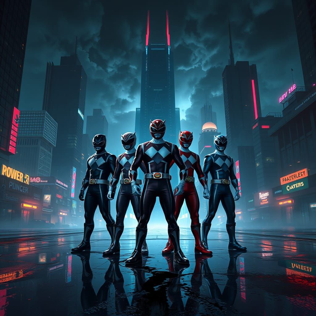 Power Rangers in Dystopian Cyberpunk Cityscape