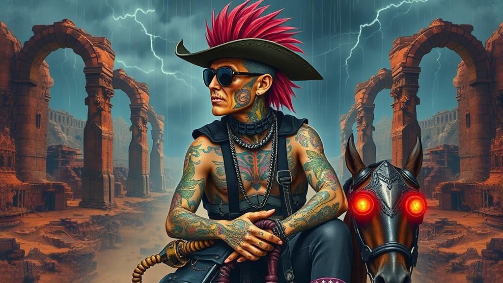 Fantasy Punk Rocker in Apocalyptic Western Landscape
