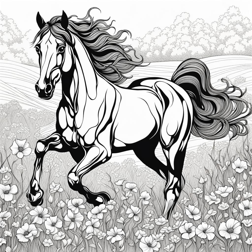 Horse Galloping Through Flowery Field in Rococo Lineart