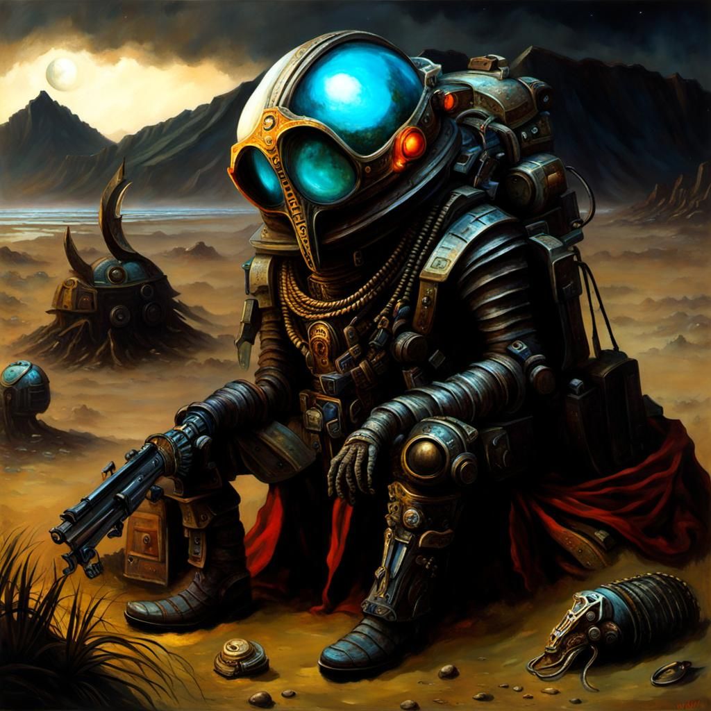 Retrofuturistic Scavenger on Alien Planet