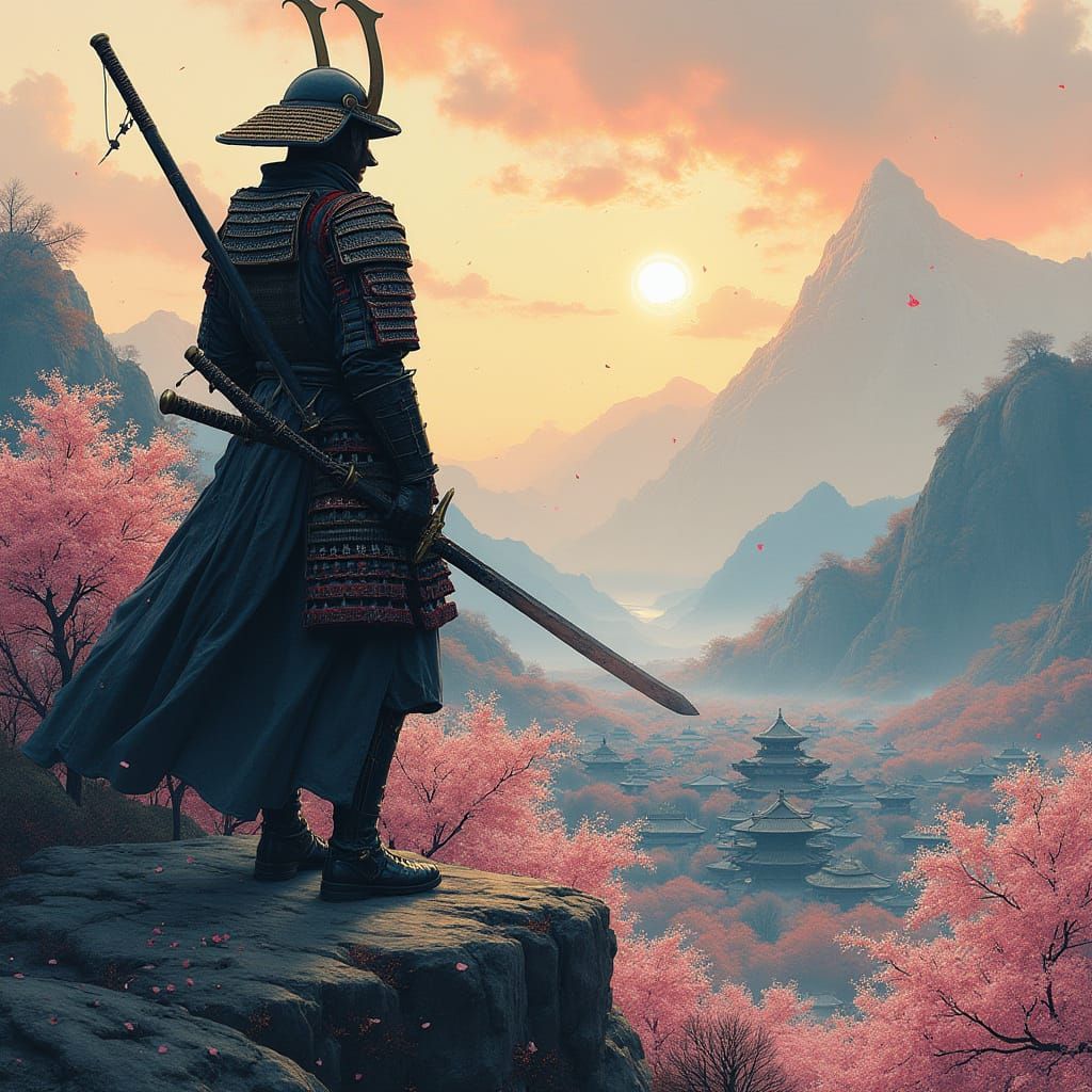 Surreal Samurai Defies Twilight on Windswept Peak, with Cher...