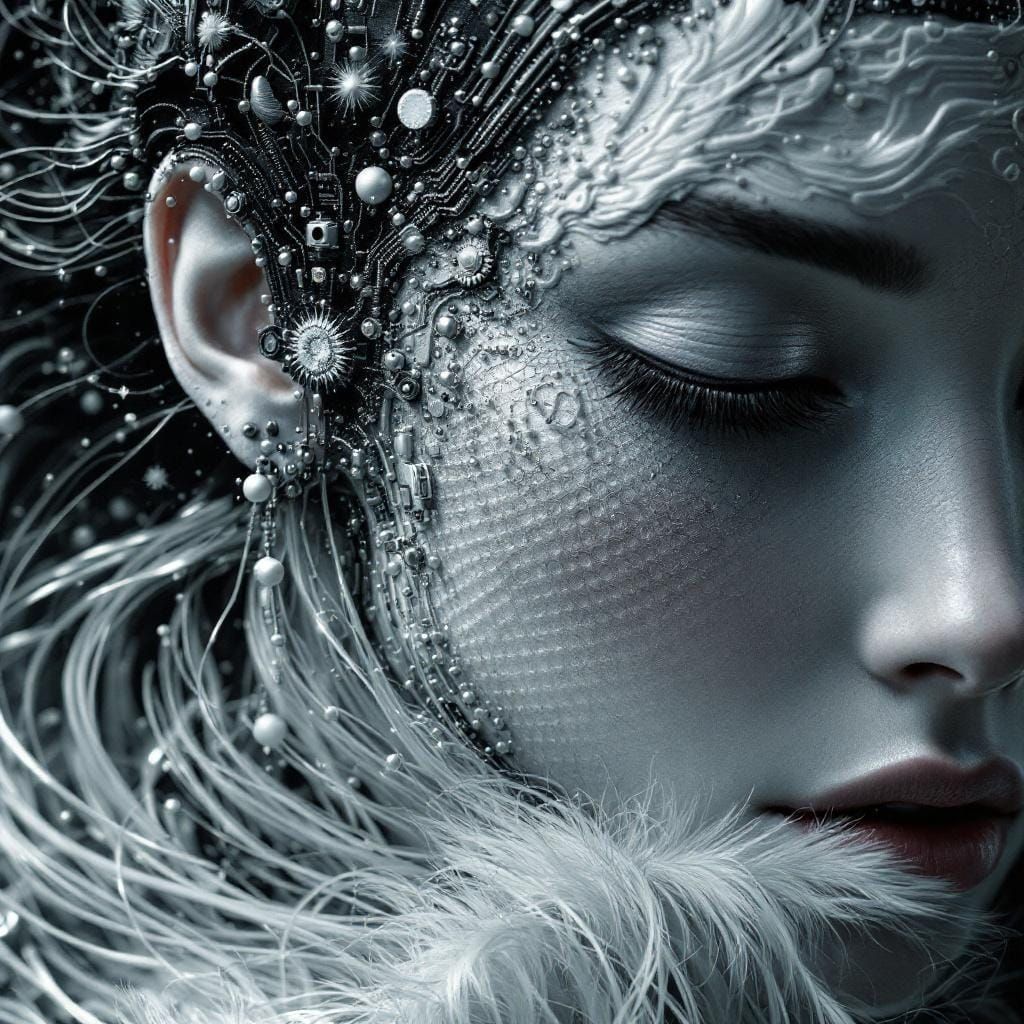 Cryo-Runoya Portrait: Feather Circuitry in Neon Style