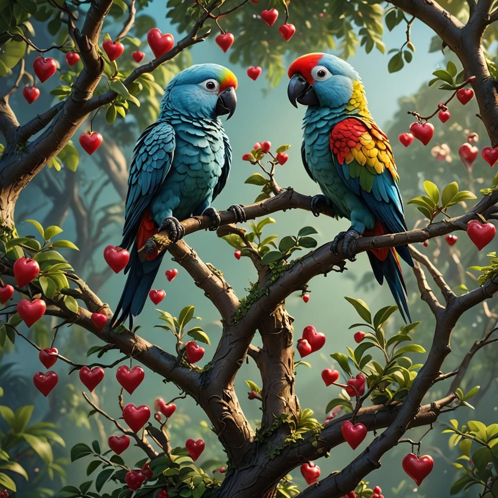 Whimsical Parrot Lovers in Dreamy Landscapes