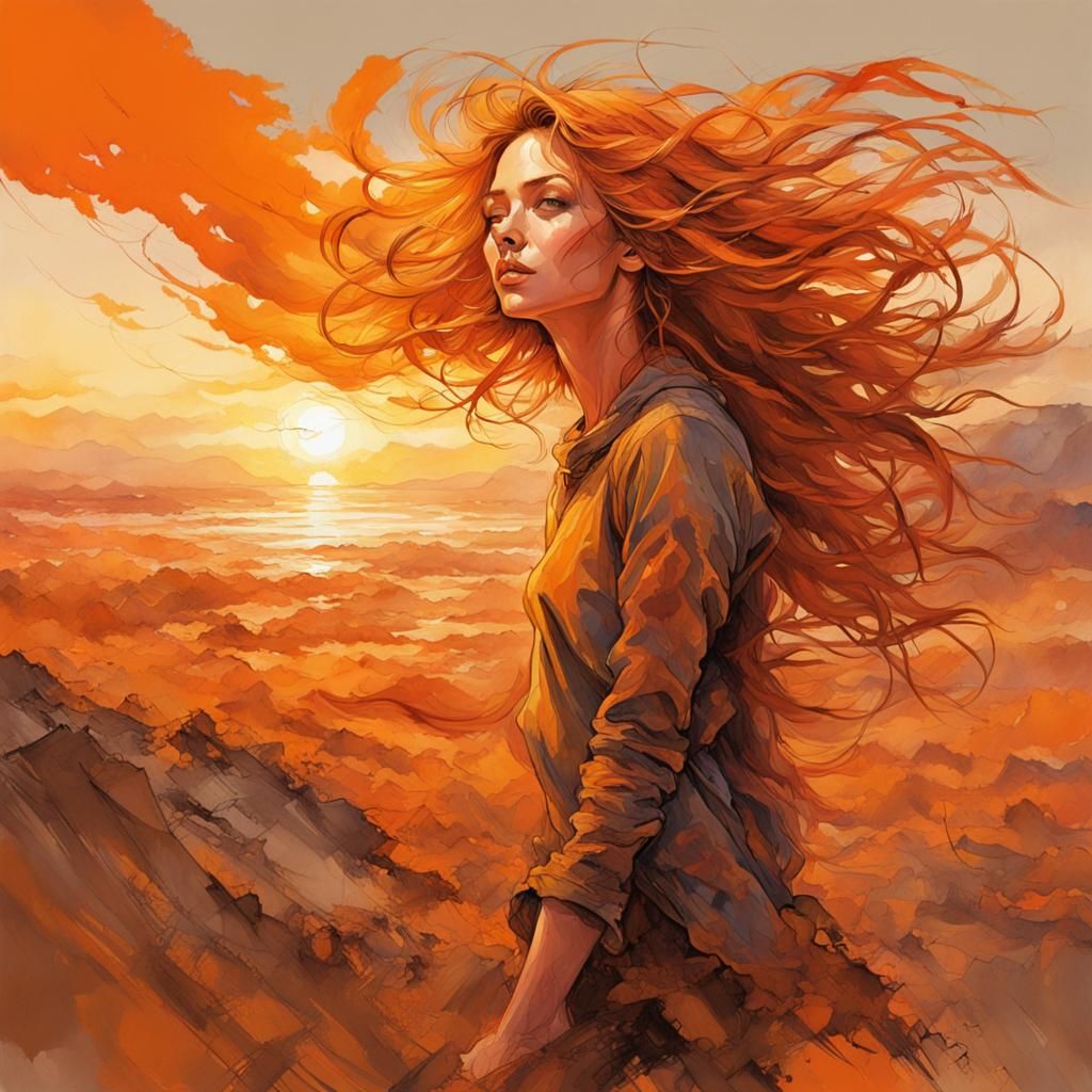 Orange Sunset Portrait: Windblown Hair in Splash Art Style