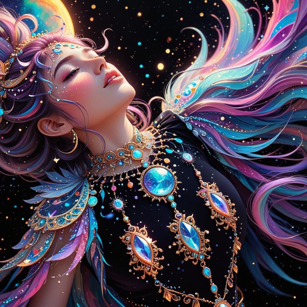 Anime Boho Woman in Sun and Moon Landscape