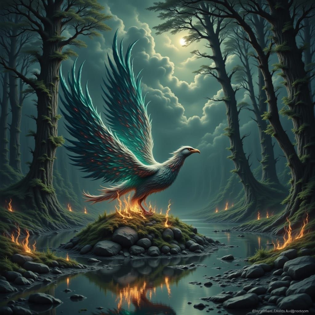 Mystical Phoenix Rises From Fiery Ashes in Digital Oil Paint...