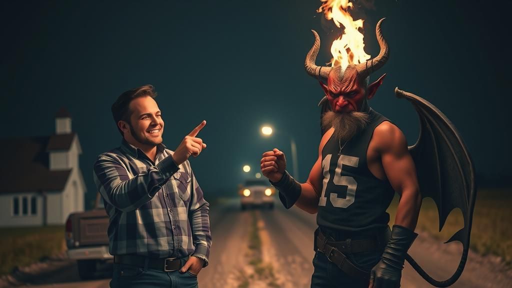 Man Confronts Devil at Crossroads: Vintage Photo