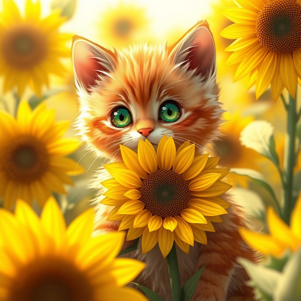 Orange Kitten in Sunflower Field: Anime-Inspired Digital Art