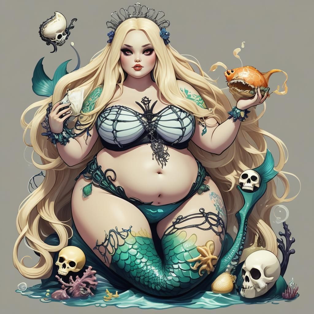 Glamorous Mermaid Combing Hair Near Dystopian Peninsula