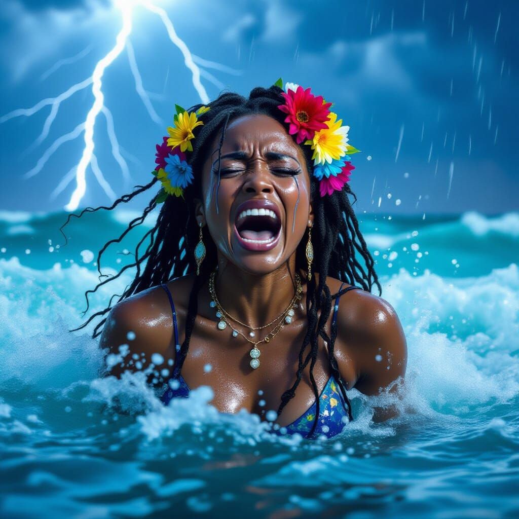 Emotional Portrait of Woman in Stormy Ocean