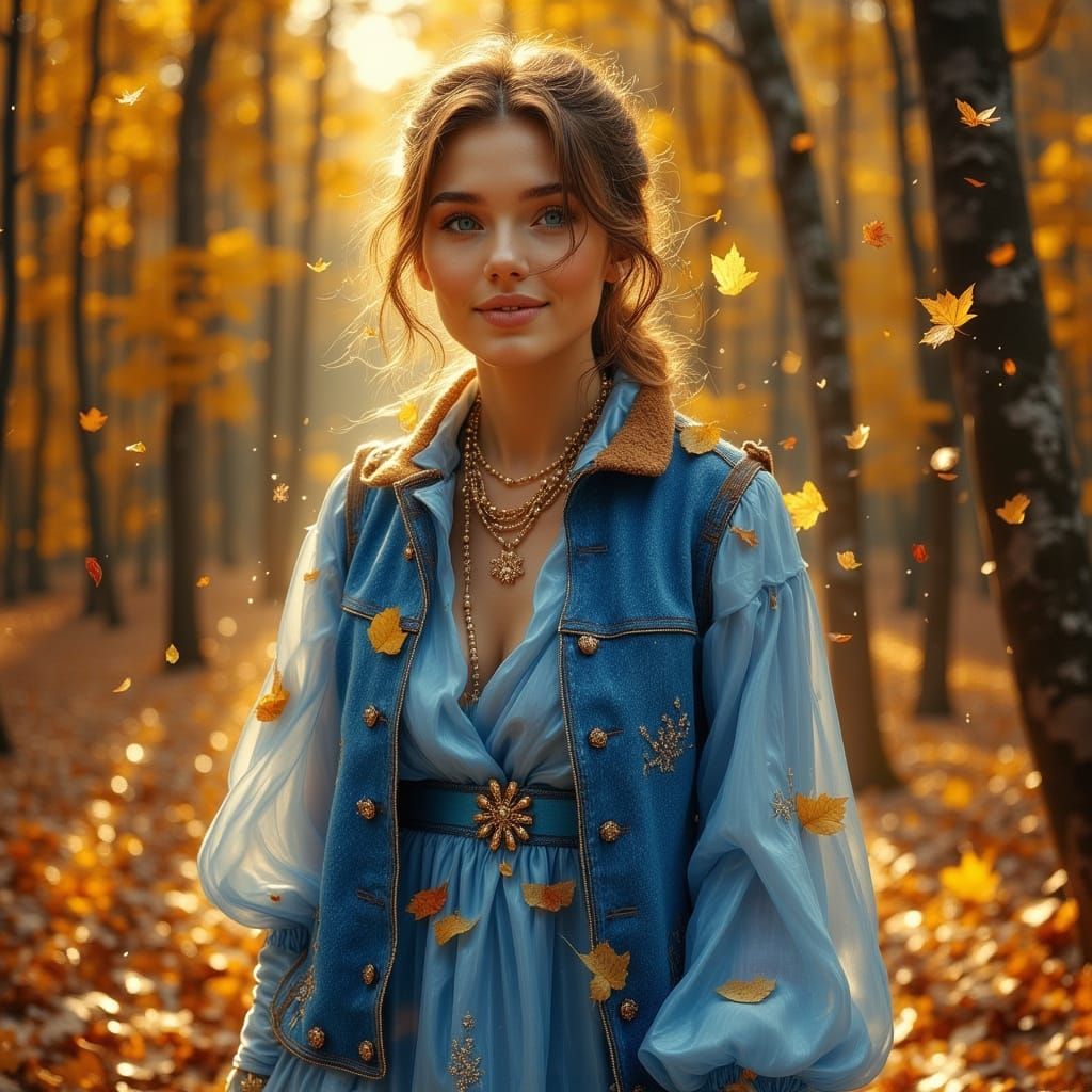Elegant Woman in Blue Autumn Dress on Leafy Path