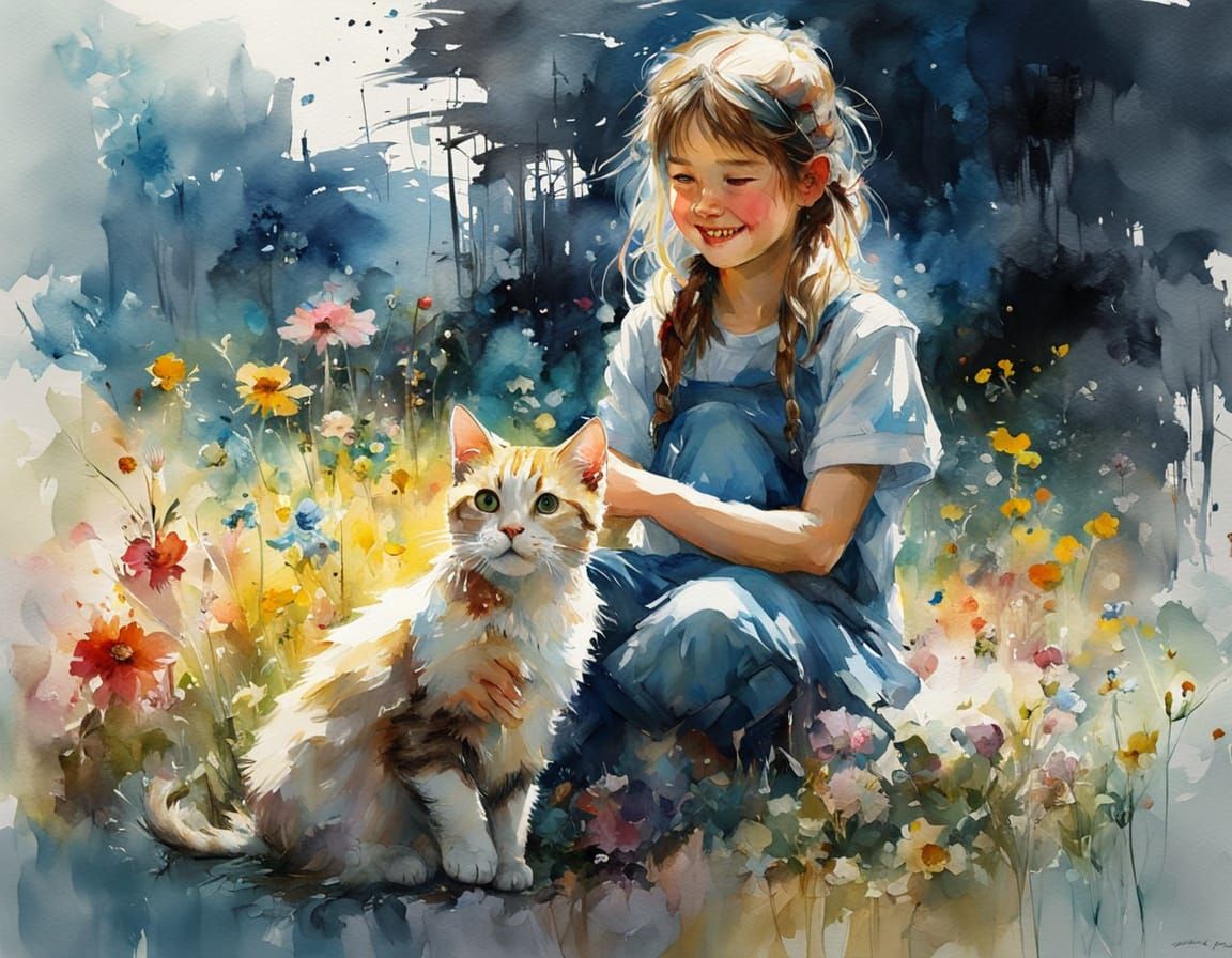 Whimsical Watercolor Scene of Girl and Cat Amidst Vibrant Bl...