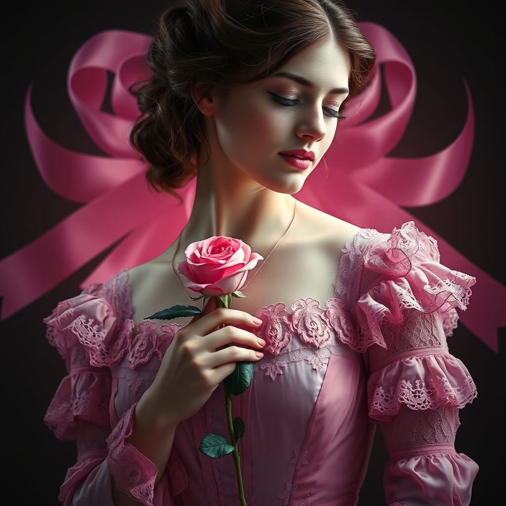 Victorian Woman with Pink Rose and Ribbon