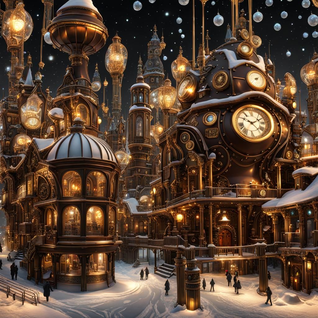 Steampunk Christmas City in Ice: 3D Digital Art