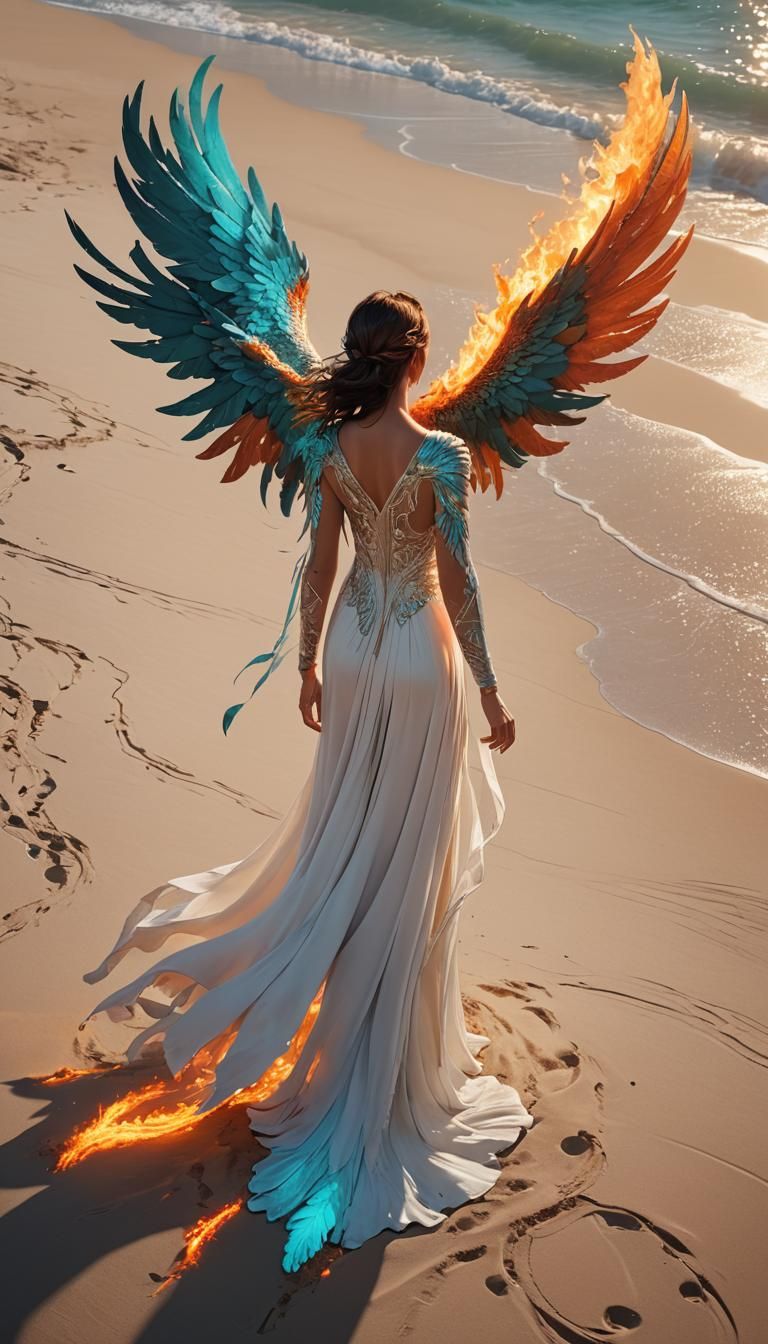 Woman and Phoenix on Beach, Digital Fantasy Art