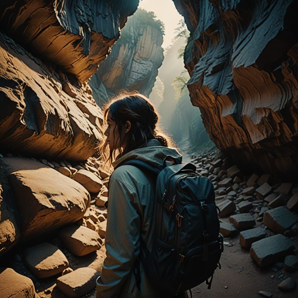 Mysterious Cave Adventurer in Warm Cinematic Lighting