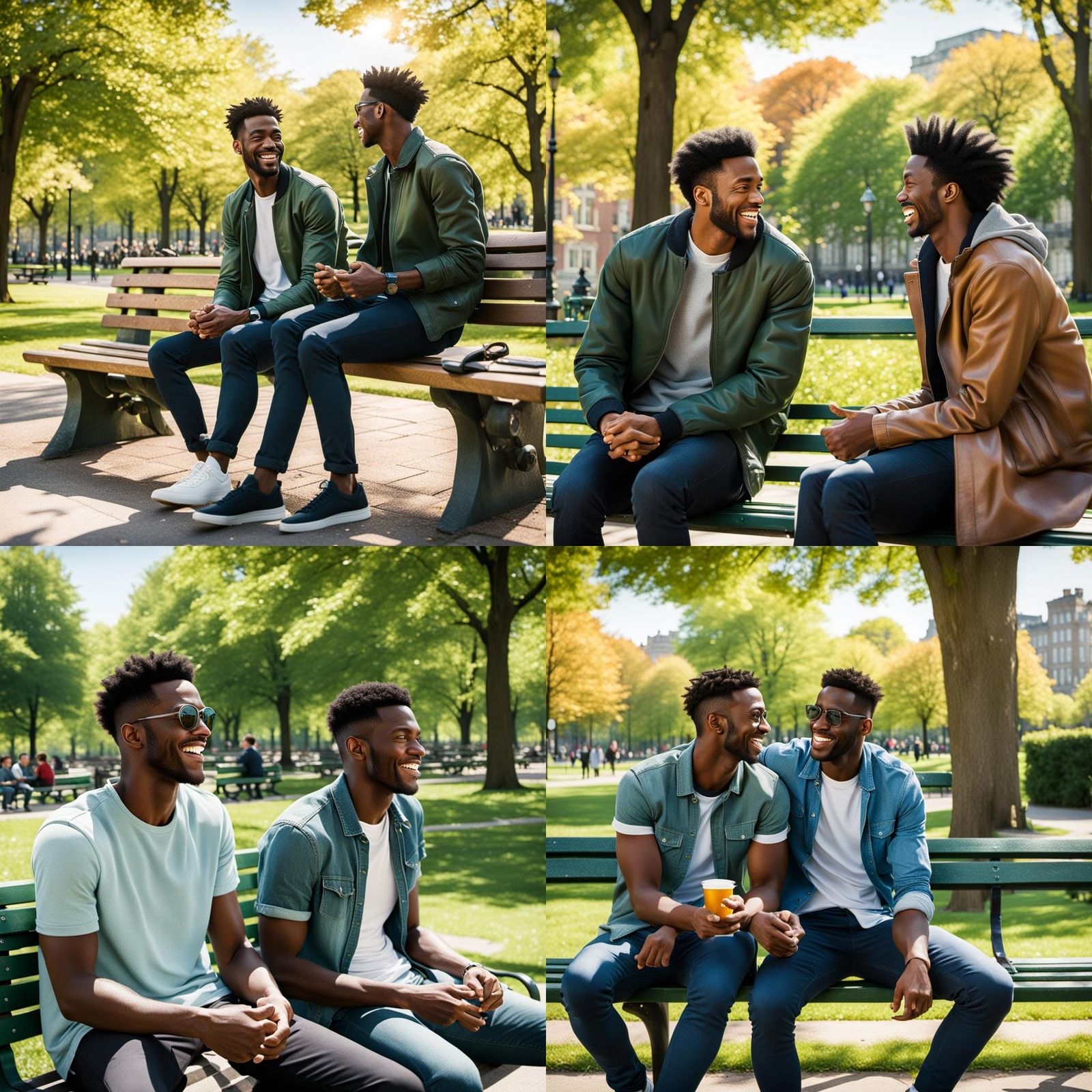 Two young men sitting on a park bench enjoying the sunshine ...