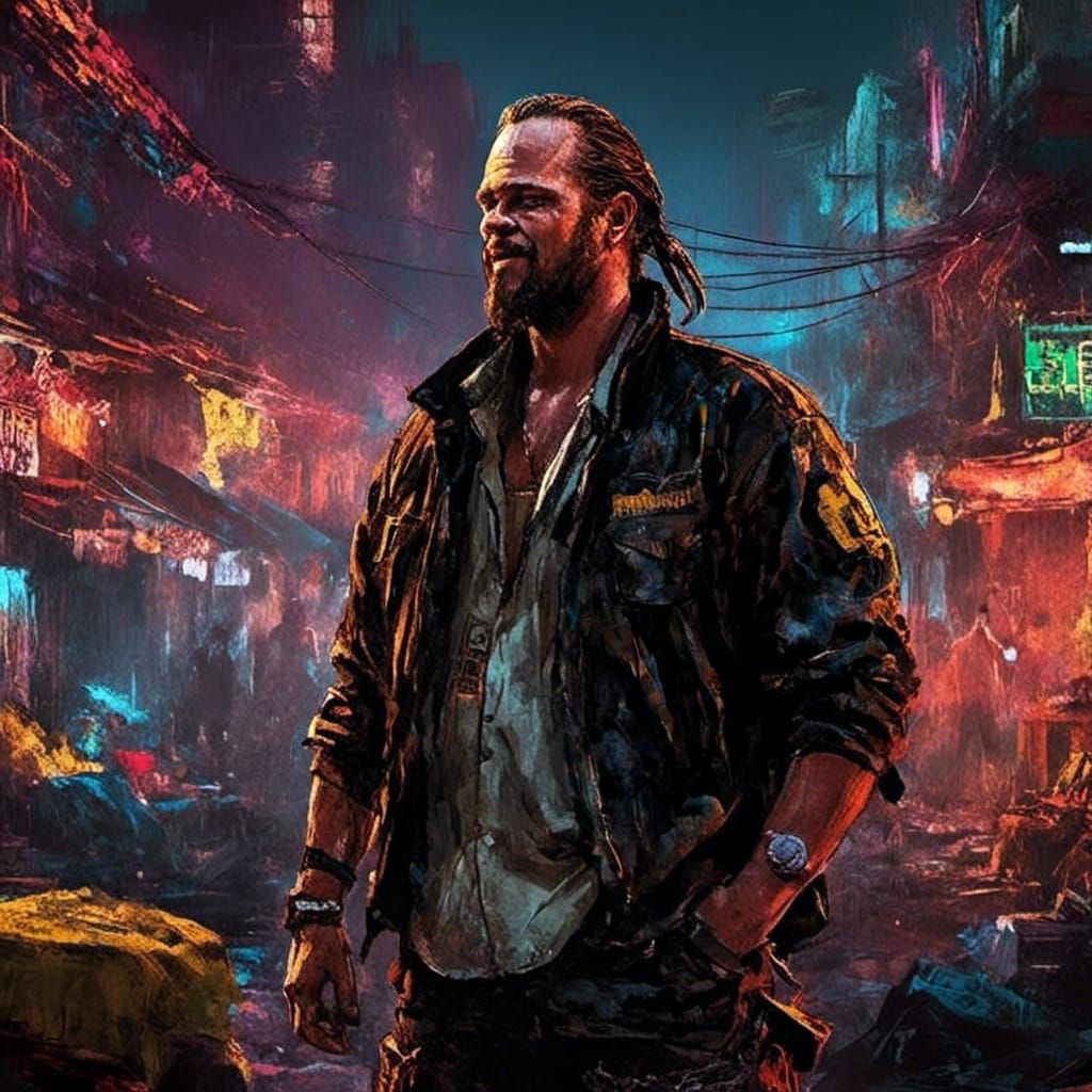 Latino Gangster in Cyberpunk Slums Portrait