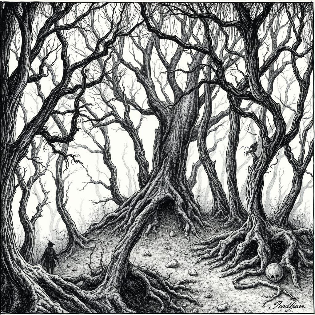 Mystical Ancient Forest: Pen-and-Ink Illustration