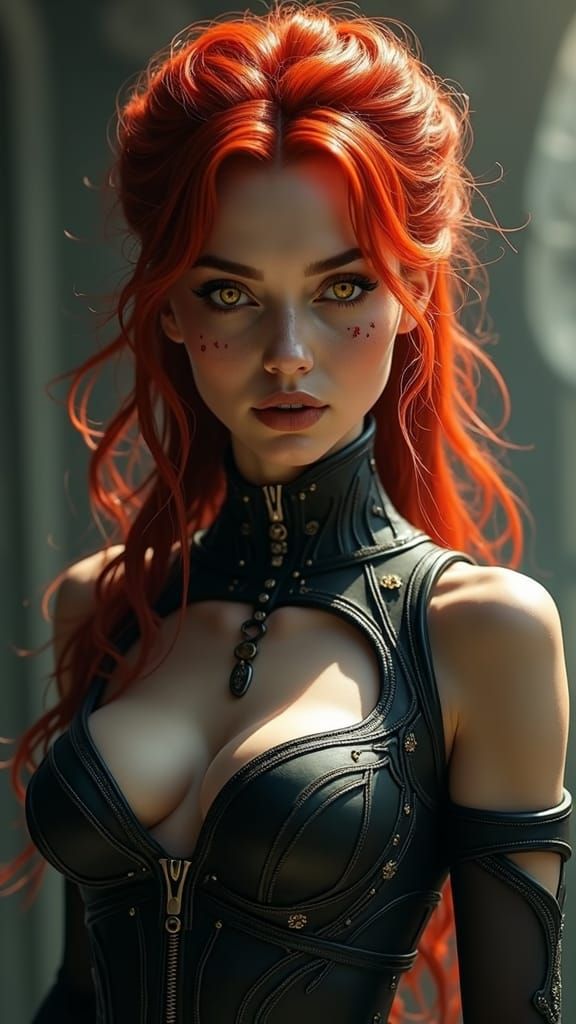 Mystical Red-Haired Heroine Portrait with Golden Light