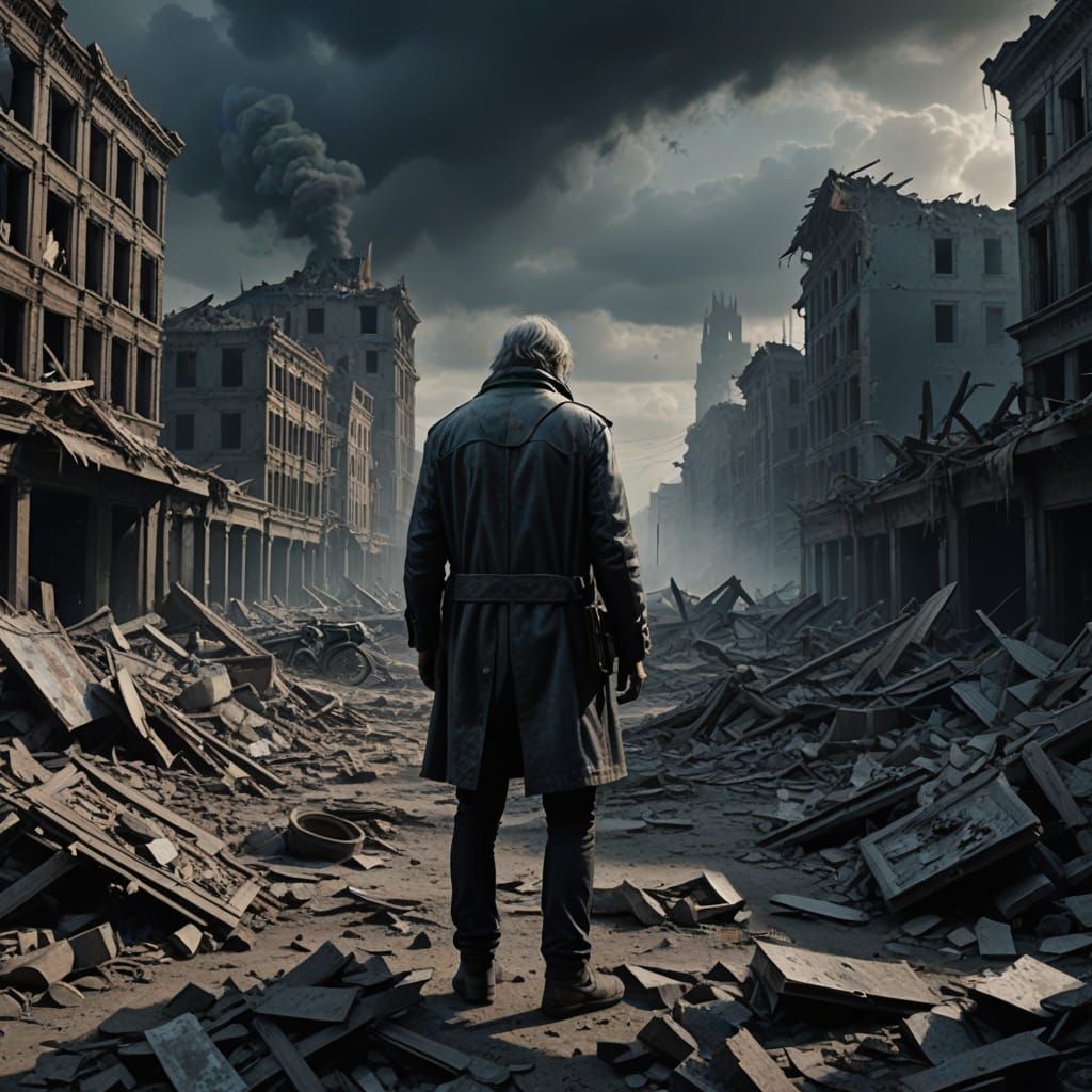 A Mournful Figure Amidst Desolation in a Chiaroscuro Landsca...