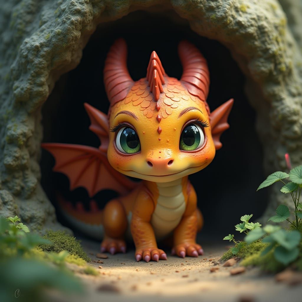 Cute Baby Dragon in Mystical Cave, Fantasy Art