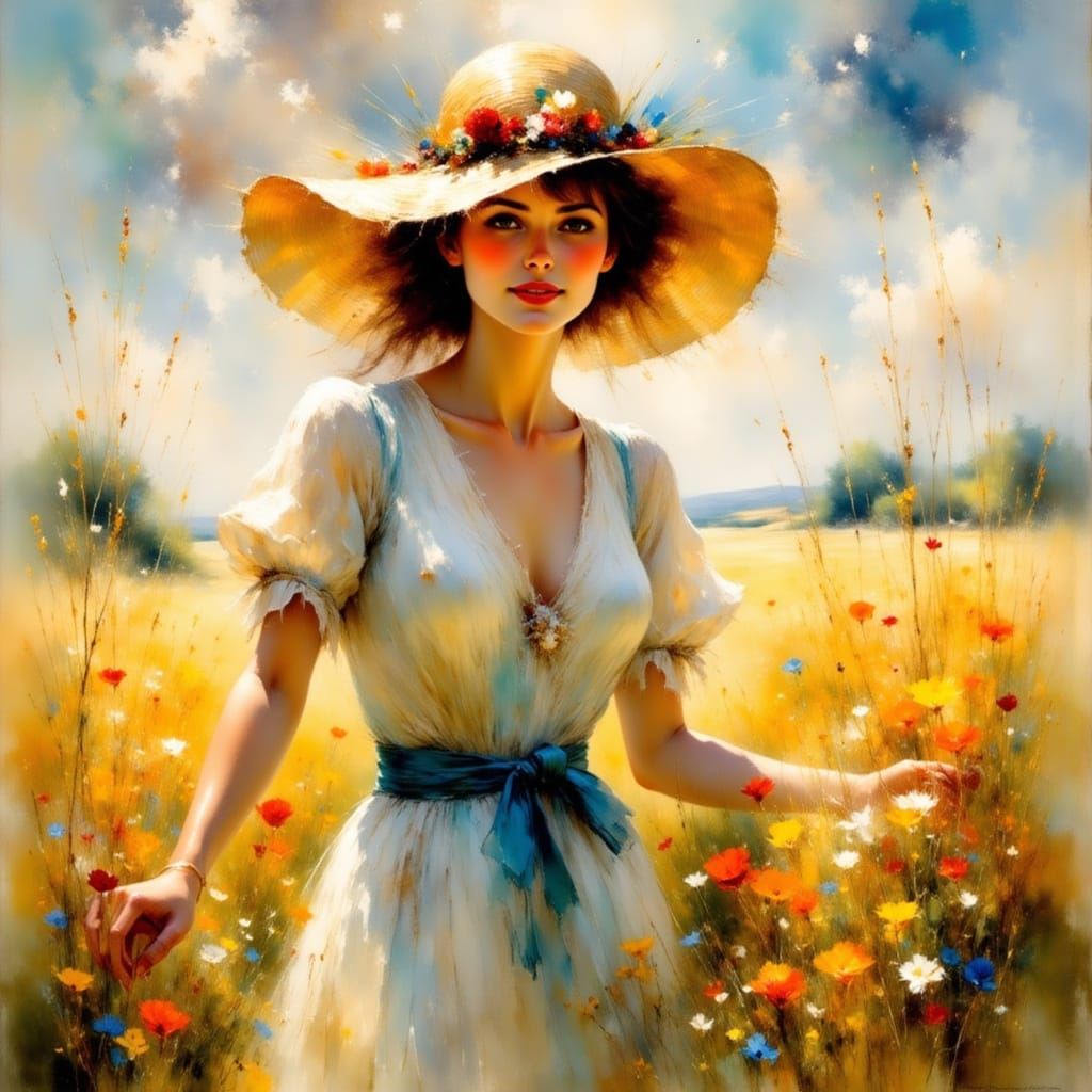 Peasant Woman in Straw Hat in Wheat Field