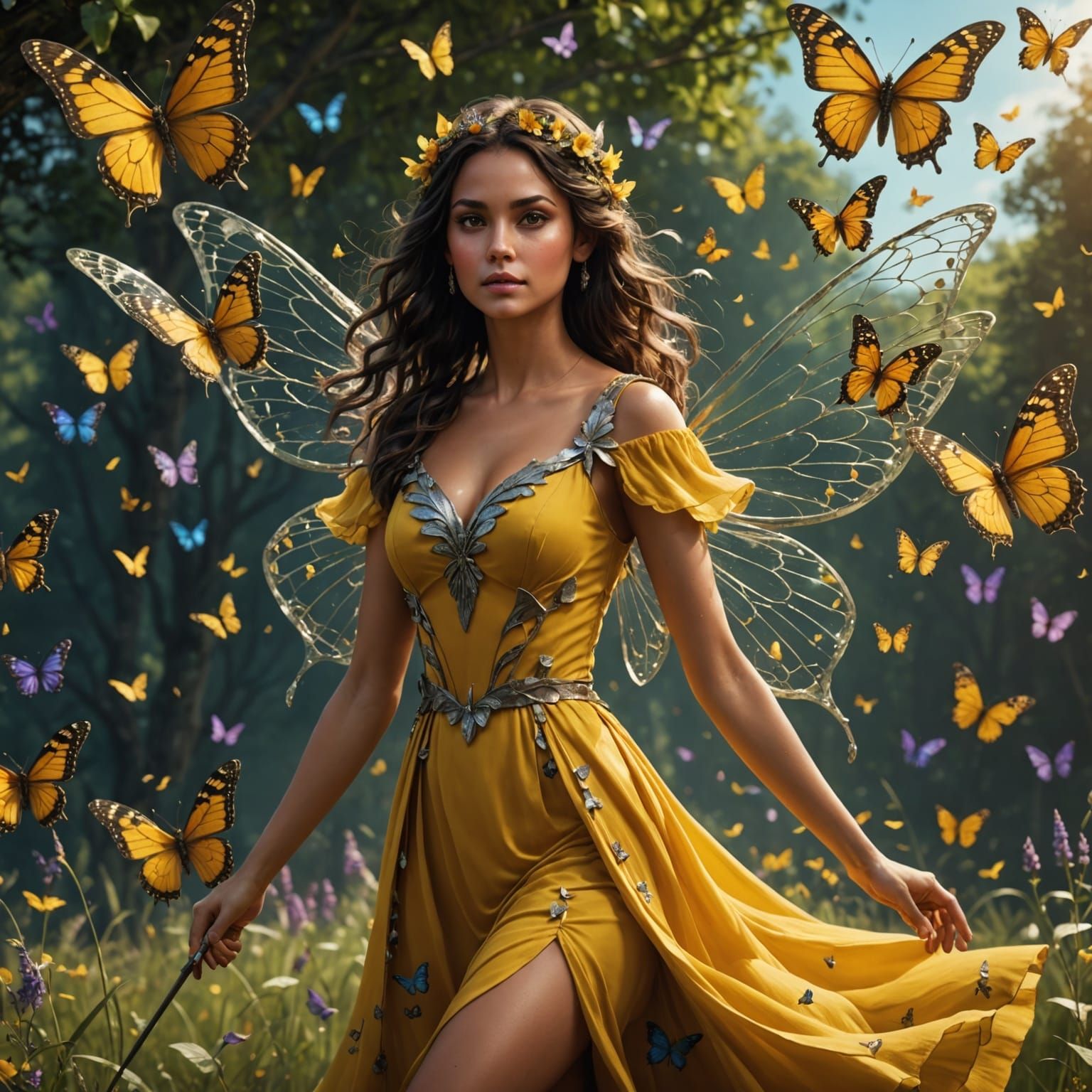 Hispanic Fairy Flying Through Butterfly Meadow