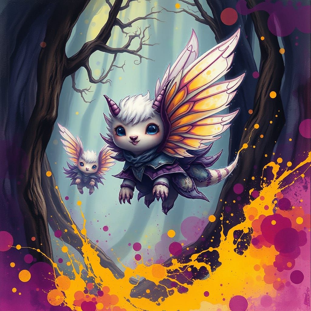Winged Creatures in Enchanted Forest: Dark Fantasy Art
