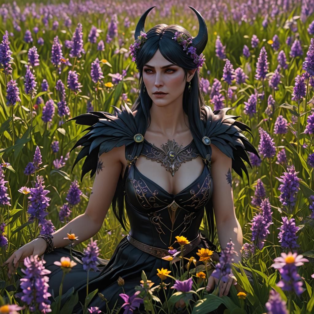 Morrigan in a field of flowers