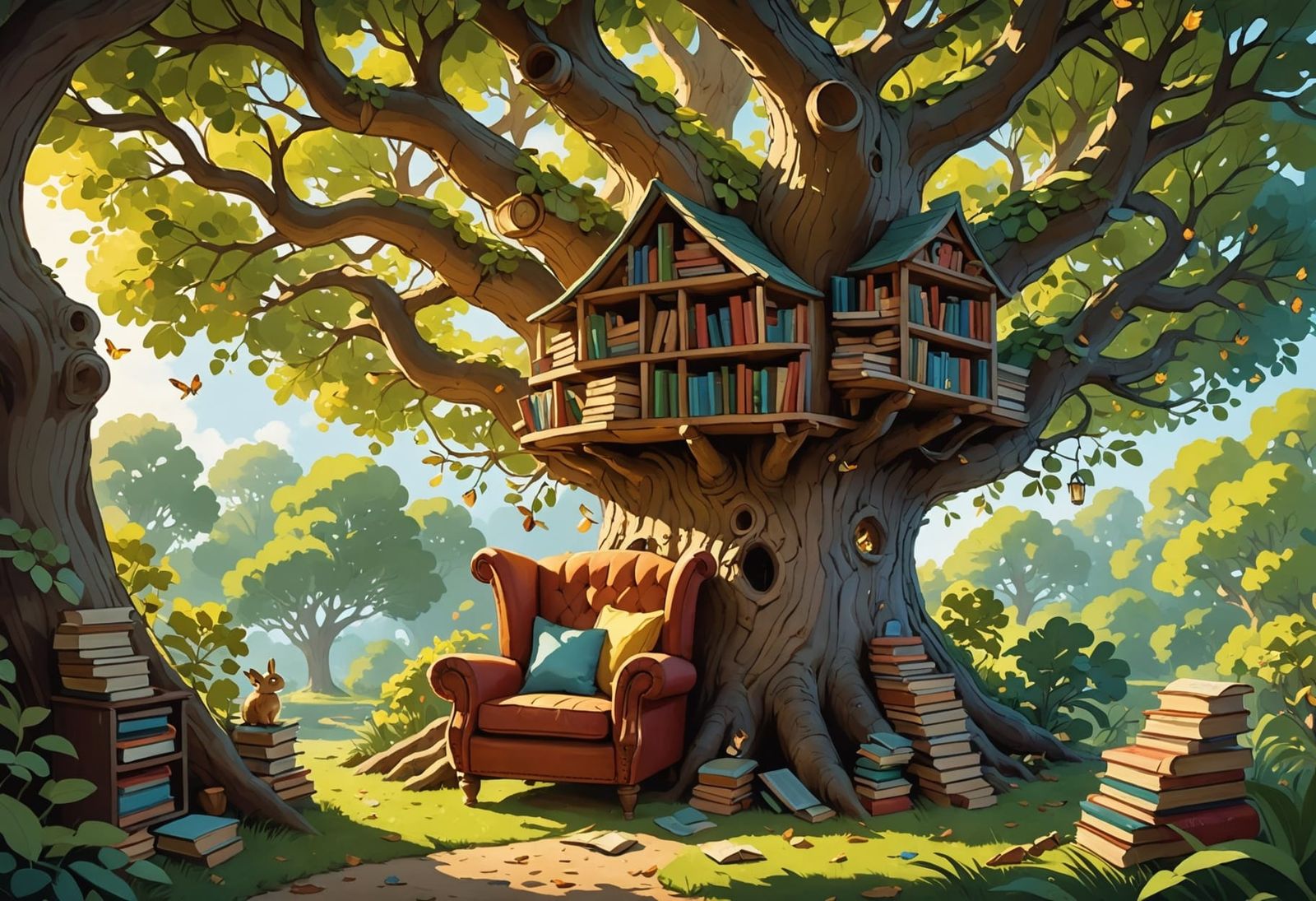 Whimsical Treehouse Reading Nook in Sunlight