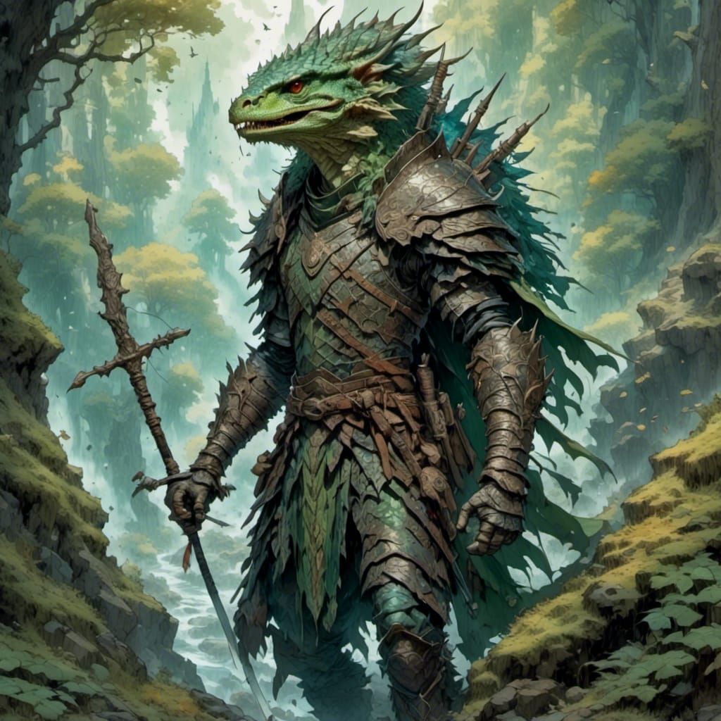 Lizardfolk Ranger with Dragon in Misty Forest