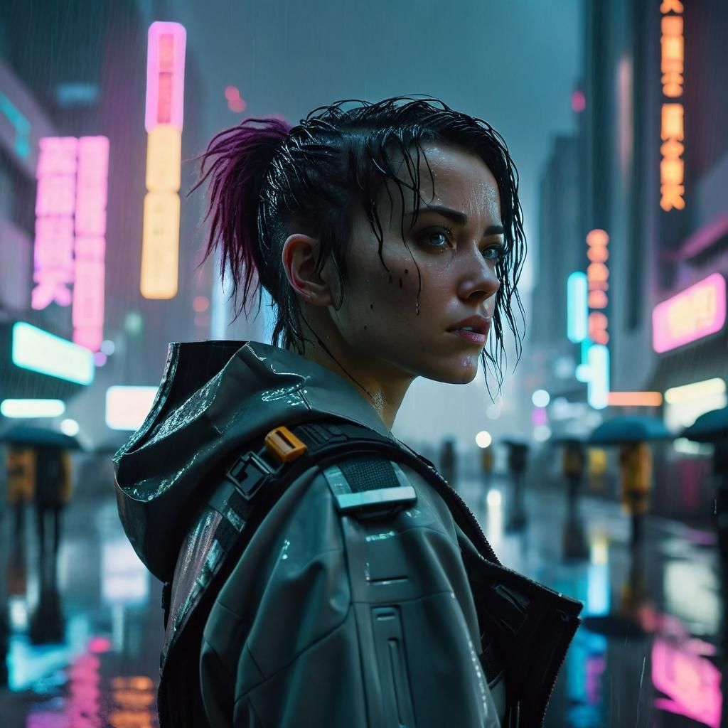 Medium shot of a female sci-fi protagonist in a cyberpunk ci...